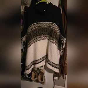 Free People Black and Cream Poncho with Fringe
